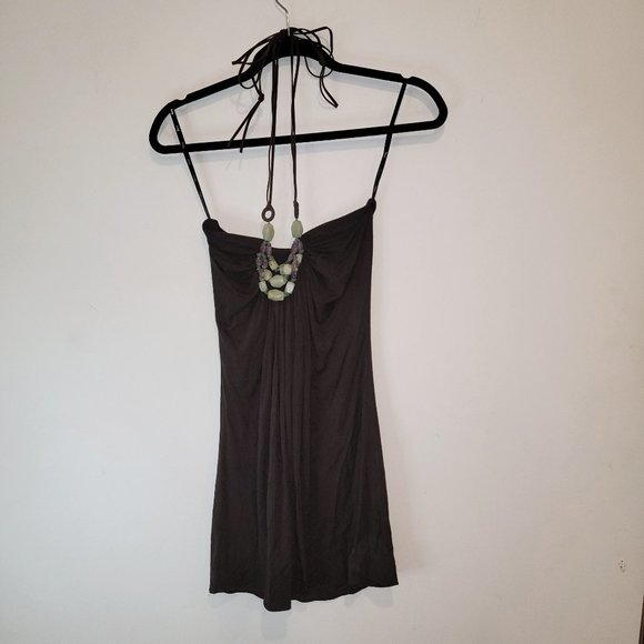 Sky Tops - Sky Halter Style Brown Top with Leather and Mineral Stone Neck Ties, Size XS